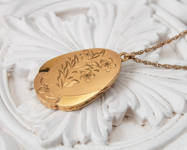 Vintage gold locket necklace with tree painting