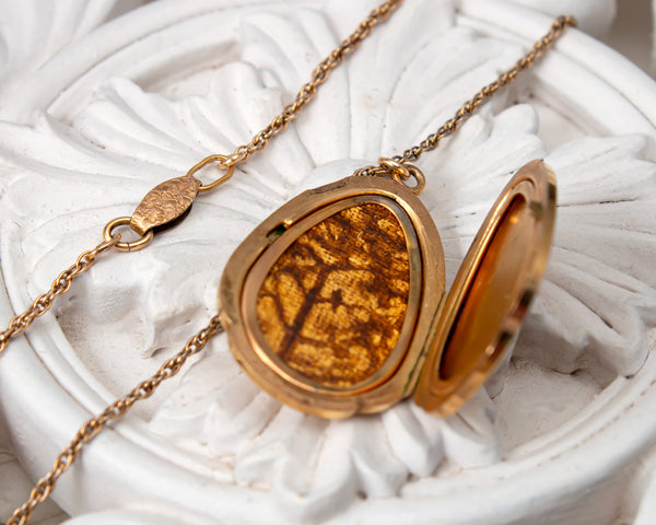 Vintage gold locket necklace with tree painting
