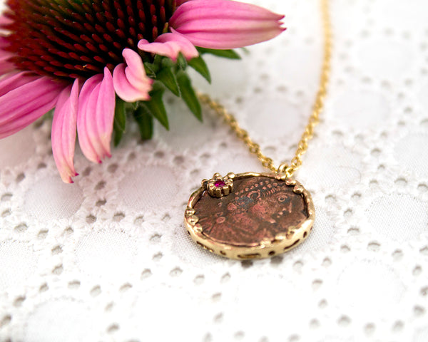 unique gold roman coin necklace, side view