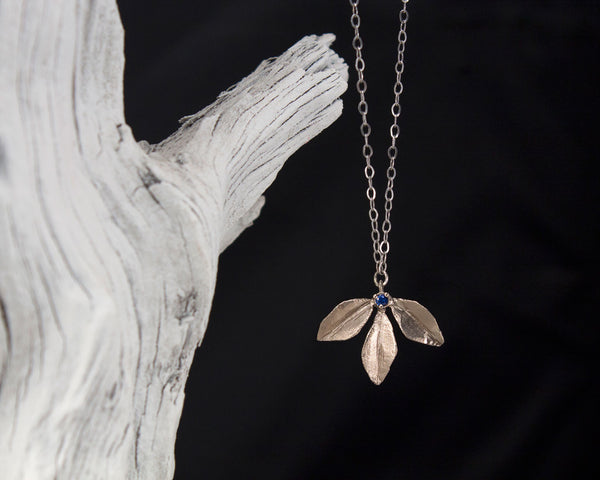 14k white gold & blue sapphire leaf necklace