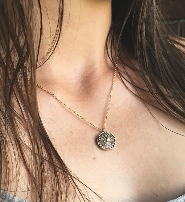 roman coin necklace in 14k gold, modeled